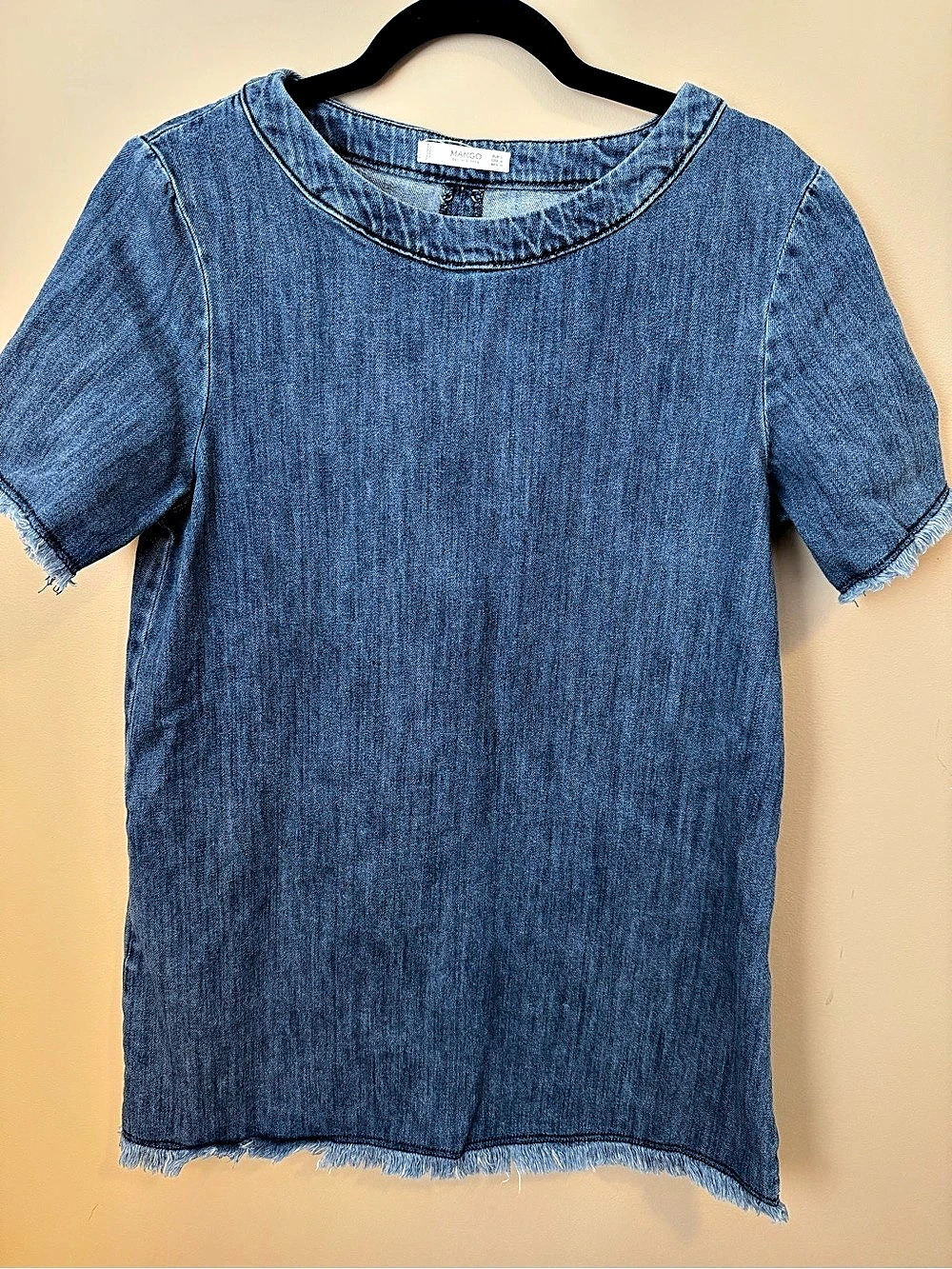 MANGO DENIM & TEES Women's Blue Denim Mini Dress Frayed Hem Short Sleeve M